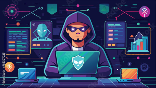 Abstract Hacker Behind the Monitor Hologram with Programmer Code Vector Illustration Design