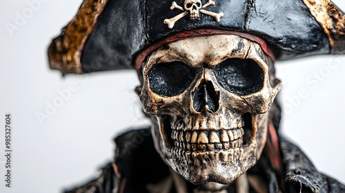 Skeletal pirate wearing a pirate hat and Halloween masks, gothic horror style, vibrant yet sinister, isolated on white background