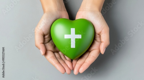 Green heart in hands with hospital cross, representing compassionate healthcare service