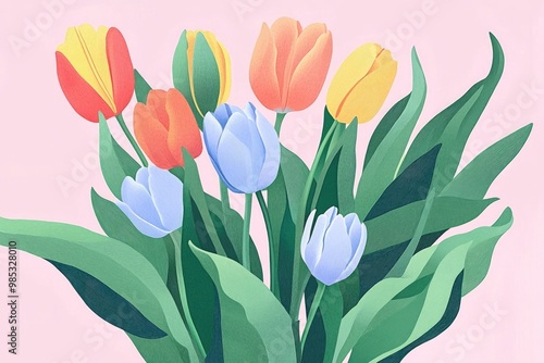 Coloring page of a bouquet of vibrant tulips on a pink backdrop