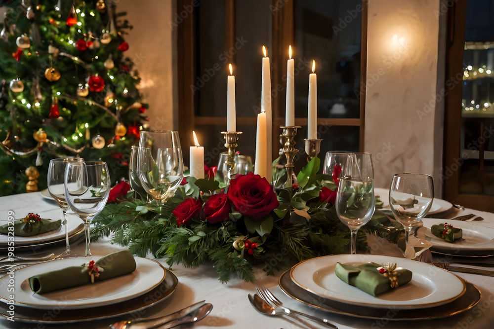 Beautifully decorated table for Christmas Eve dinner celebration Beautifully decorated table for Christmas Eve dinner celebration