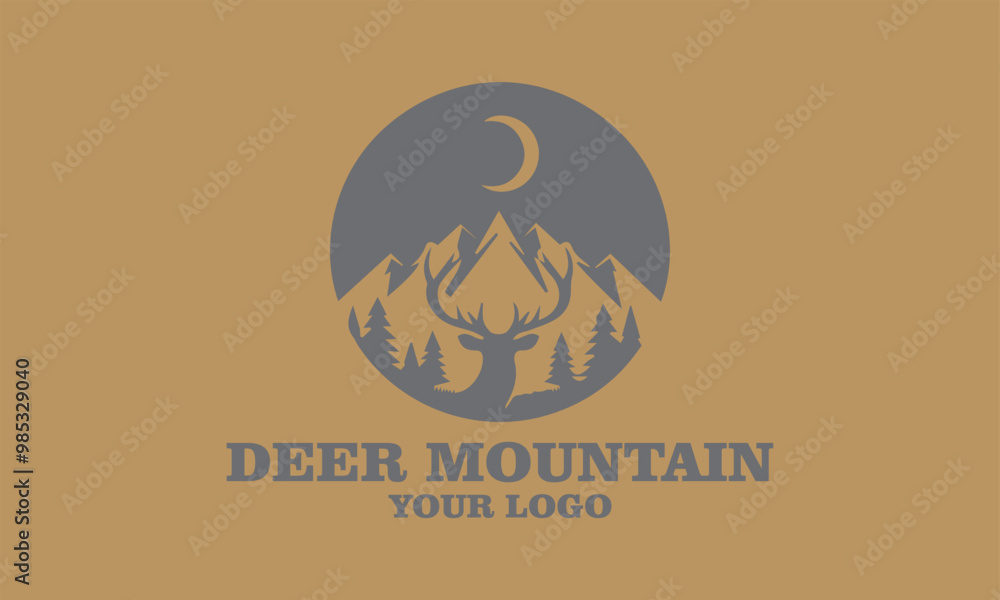 Deer logo with mountains, trees, sun, and text Deer Mountain for branding. Ideal for outdoor, vektor, background, adventure, or wildlifethemed businesses Deer logo with mountains, trees, sun, and text Deer Mountain for branding. Ideal for outdoor, vektor, background, adventure, or wildlifethemed businesses