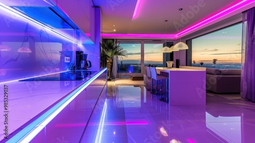 Luxurious modern Apartment kitchen interior with LED lighting AI generated image