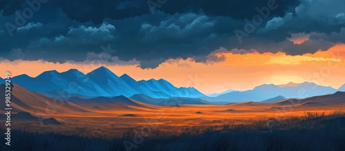 Wallpaper Mural Arid landscape featuring mist in the valley and blue mountain ranges at sunset accented by dark clouds over a scenic backdrop Torontodigital.ca