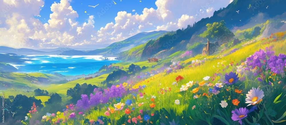 Obraz premium Artwork featuring stunning flowers set against a breathtaking natural backdrop