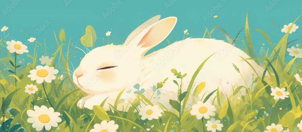 Bunny surrounded by grass and daisies embodying the essence of spring and Easter Bunny surrounded by grass and daisies embodying the essence of spring and Easter