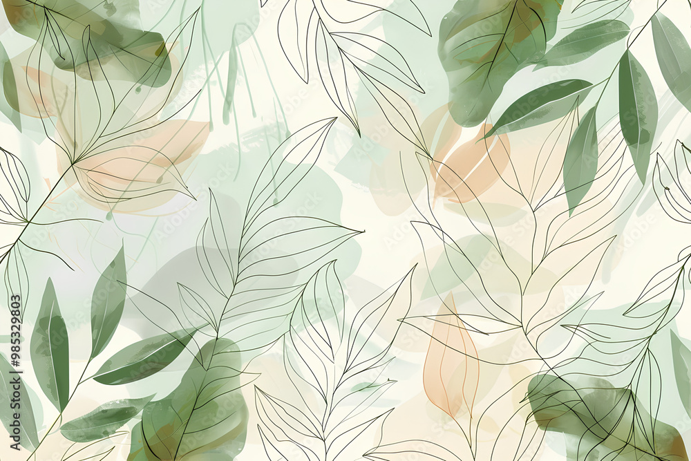 simple and elegant background design with soft pastel colors, featuring delicate line art leaves in shades of green against an abstract watercolor wash of pale pink and peach hues. for wallpaper simple and elegant background design with soft pastel colors, featuring delicate line art leaves in shades of green against an abstract watercolor wash of pale pink and peach hues. for wallpaper