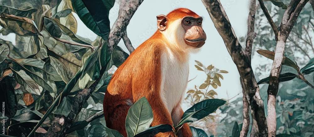 Fototapeta premium Portrait of a Proboscis Monkey Posing among Trees