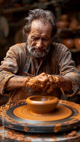 Closeup of a potter shaping wet clay on a spinning wheel with hands covered in clay and a halfformed ceramic vase in the process photo