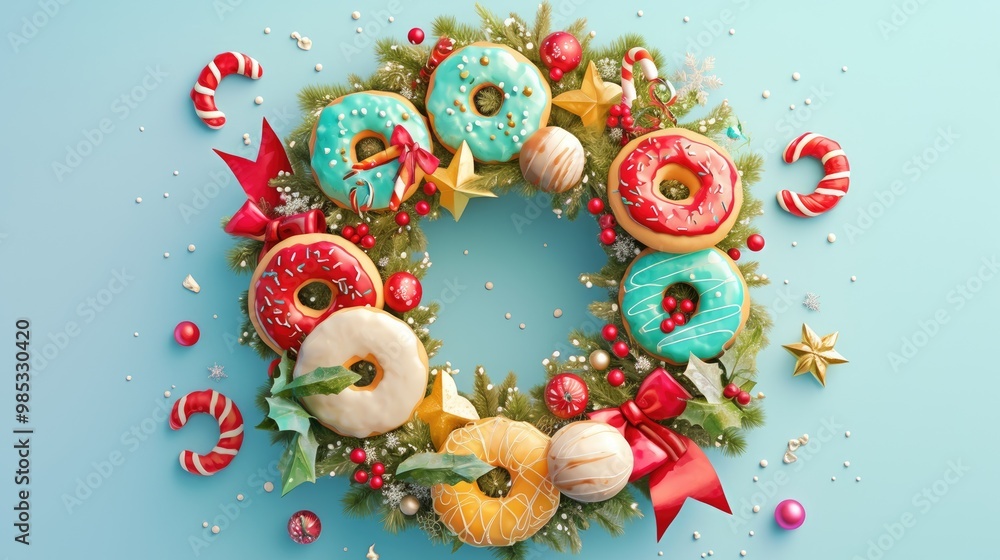 Painting of delightful donuts in a festive wreath perfect for holiday celebrations and gift cards Painting of delightful donuts in a festive wreath perfect for holiday celebrations and gift cards