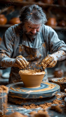 Closeup of a potter shaping wet clay on a spinning wheel with hands covered in clay and a halfformed ceramic vase in the process photo