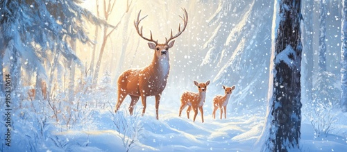 Artwork depicting a noble deer family in a snowy winter forest capturing the essence of a festive landscape Square format