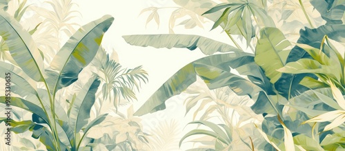 Soft colored tropical leaf wallpaper design featuring banana trees mural art suitable for interior decoration
