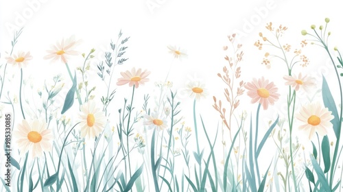 Charming minimalistic vector design featuring daisies and grass in a watercolor style Soft spring doodles in pastel hues on a white background perfect for children s textiles wrappers and decor photo