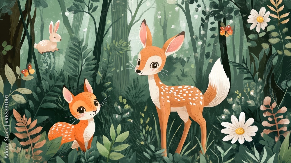 Charming summer forest scene featuring adorable animals like a deer fox and bunny among lush greenery Ideal for children s wallpaper Charming summer forest scene featuring adorable animals like a deer fox and bunny among lush greenery Ideal for children s wallpaper
