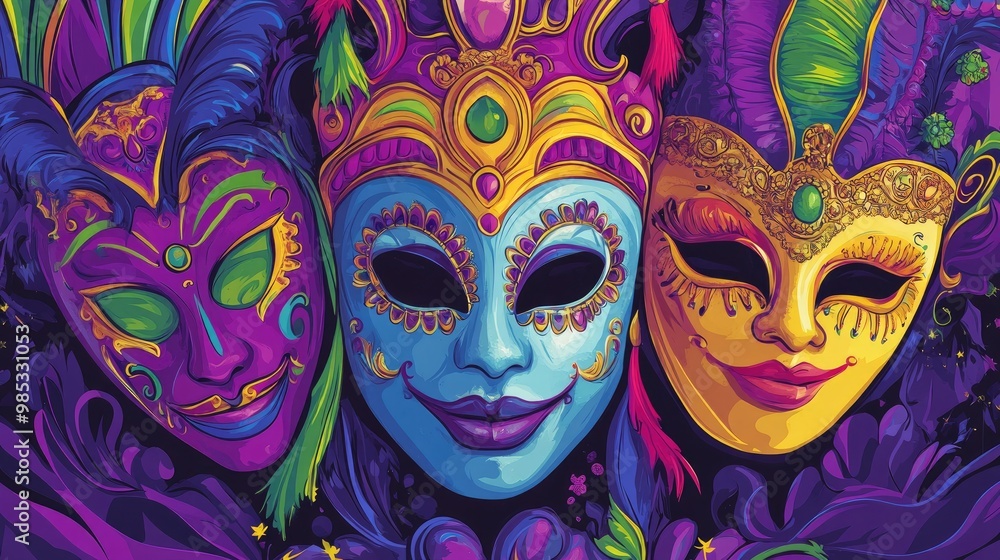 Mardi Gras Carnival celebration featuring vibrant costumes masks and festive atmosphere Ideal for posters cards banners and backgrounds with a fun illustrated style Mardi Gras Carnival celebration featuring vibrant costumes masks and festive atmosphere Ideal for posters cards banners and backgrounds with a fun illustrated style