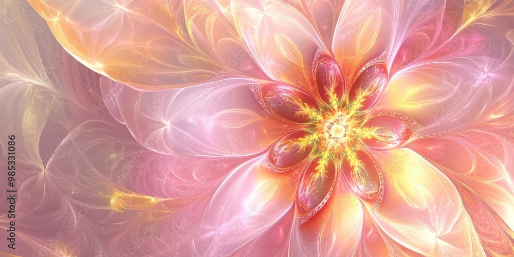 Pastel colored high resolution fractal background featuring a detailed six petaled abstract flower blending shades of pink and yellow Pastel colored high resolution fractal background featuring a detailed six petaled abstract flower blending shades of pink and yellow