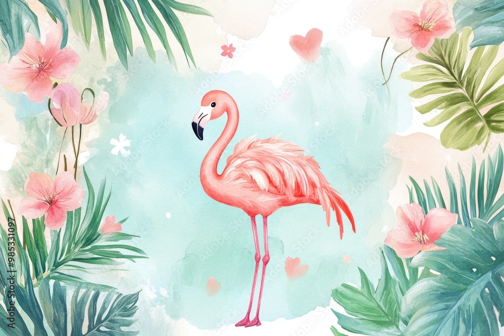 Obraz premium Charming birthday invitation featuring an adorable flamingo design