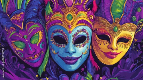 Mardi Gras Carnival celebration featuring vibrant costumes masks and festive atmosphere Ideal for posters cards banners and backgrounds with a fun illustrated style