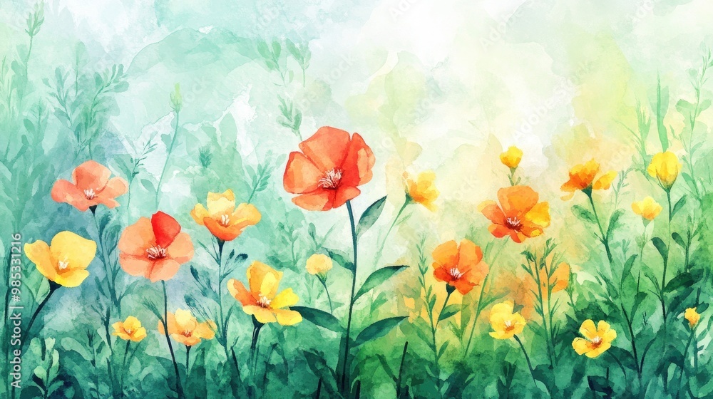 Fototapeta premium Vibrant summer blooms Watercolor illustration Suitable for design template