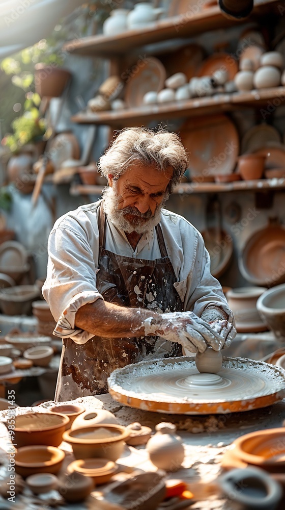 Closeup of a potters hands shaping wet clay on a spinning wheel in a sunlit studio with pottery tools and finished ceramics on shelves Closeup of a potters hands shaping wet clay on a spinning wheel in a sunlit studio with pottery tools and finished ceramics on shelves