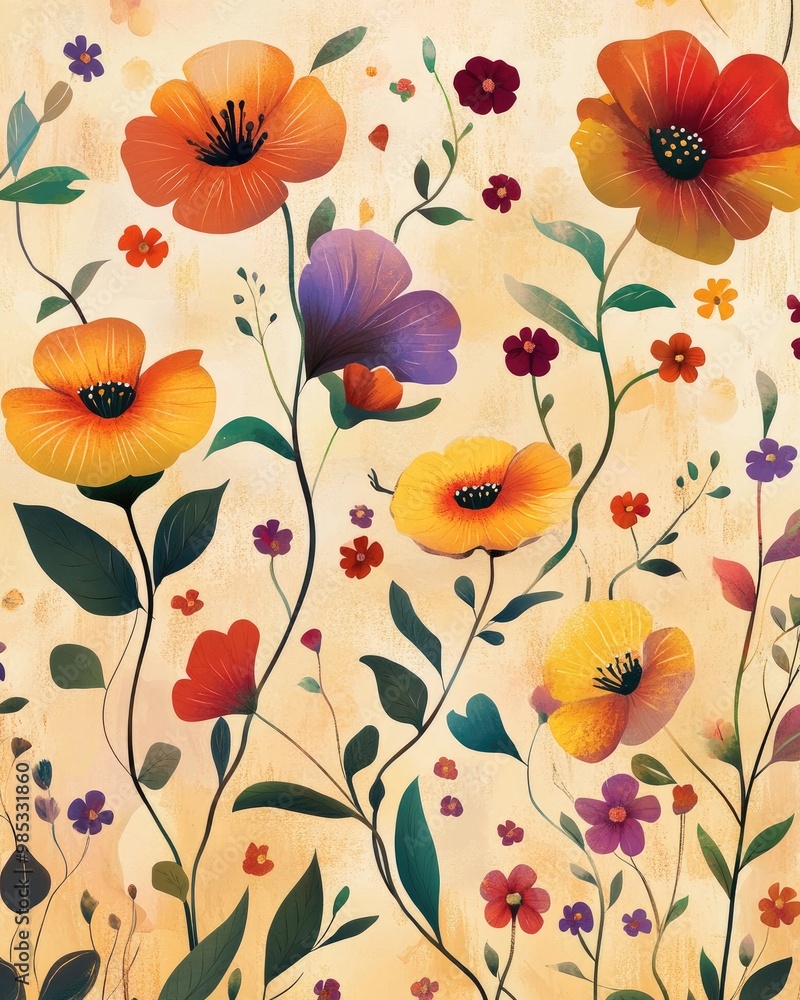 Charming whimsical floral greeting card in a 2D cartoon style Charming whimsical floral greeting card in a 2D cartoon style