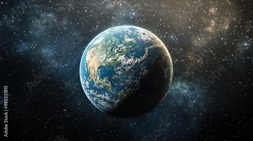 3D rendering of a planetary scene depicting the world within the vastness of the universe