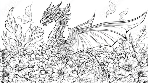 Fantasy dragon with wings amidst flowers soaring in a blooming garden Enchanting creature in a fairy tale setting Black and white design for adults and children s coloring photo