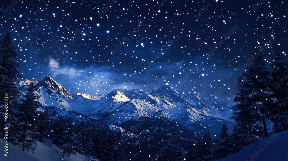 Starry night sky with twinkling stars and falling snowflakes creating a serene and enchanting atmosphere Starry night sky with twinkling stars and falling snowflakes creating a serene and enchanting atmosphere