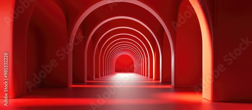 Abstract red surreal 3D rendering featuring an arch corridor with a vertical background Surreal interior illustration in three dimensions