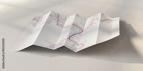 Close-up of folded paper map with blank page. Isolated 3D mockup with shadow. Realistic rendering of empty geography guide. Cartography concept for navigation and location. photo