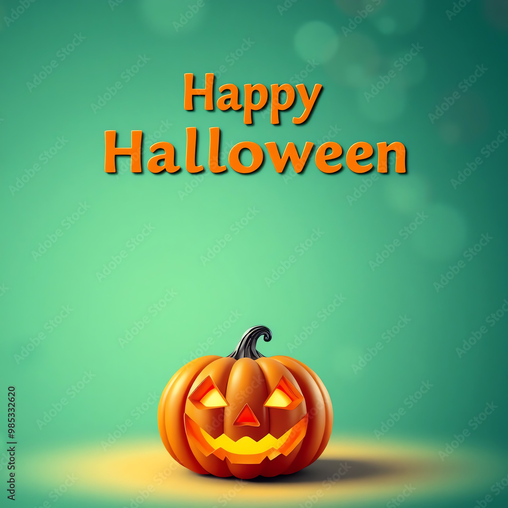 Naklejka premium Happy Halloween with Jack o Lantern pumpkin greeting card and copy space on blue background