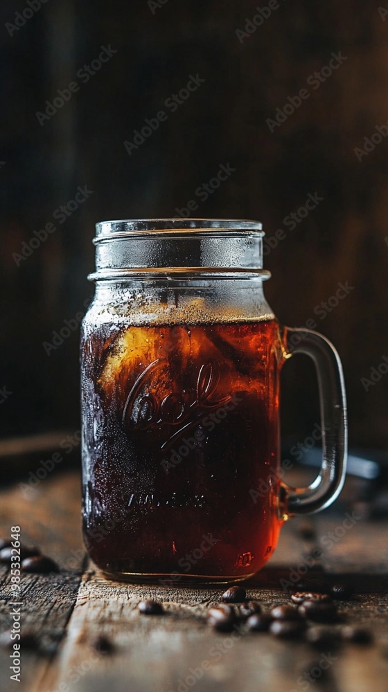 Refreshing cold brew coffee in a rustic mason jar mug, condensation beading on glass surface, set on weathered wooden table with coffee beans scattered around. Refreshing cold brew coffee in a rustic mason jar mug, condensation beading on glass surface, set on weathered wooden table with coffee beans scattered around.