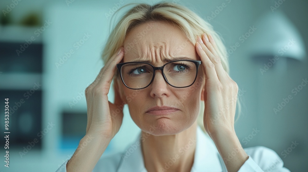 Stressed woman with intense headache grimaces in pain, hands pressed to temples. Blonde hair, glasses, and furrowed brow convey discomfort in home setting. Stressed woman with intense headache grimaces in pain, hands pressed to temples. Blonde hair, glasses, and furrowed brow convey discomfort in home setting.