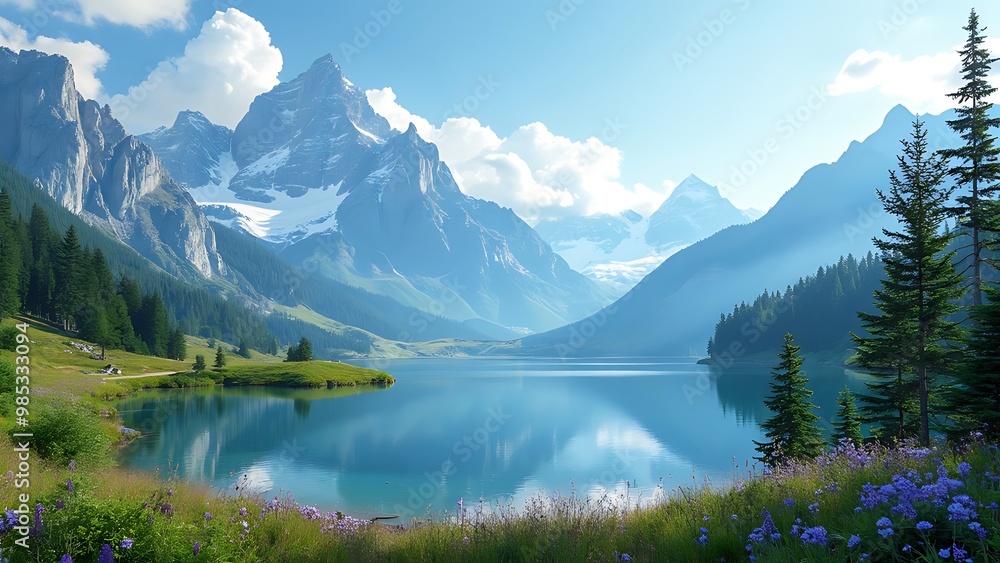 Fototapeta premium A serene mountain landscape under a clear blue sky, showcasing towering peaks and peaceful valleys. The vibrant natural scene offers a sense of calm and breathtaking beauty.