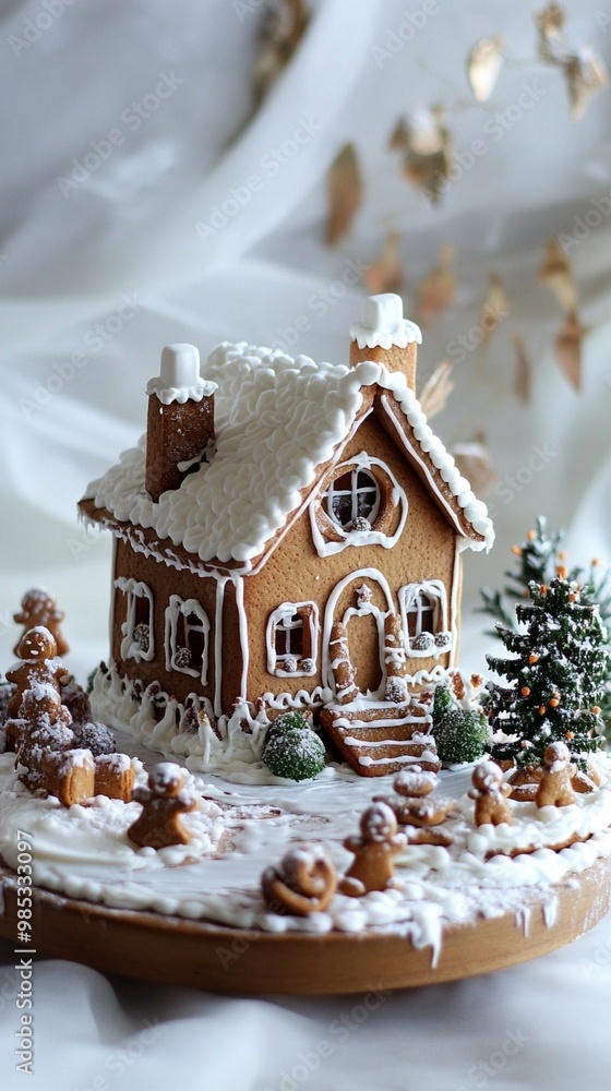 Charming gingerbread house adorned with snowy icing, surrounded by miniature trees and festive decorations, creating a whimsical winter wonderland scene. Charming gingerbread house adorned with snowy icing, surrounded by miniature trees and festive decorations, creating a whimsical winter wonderland scene.