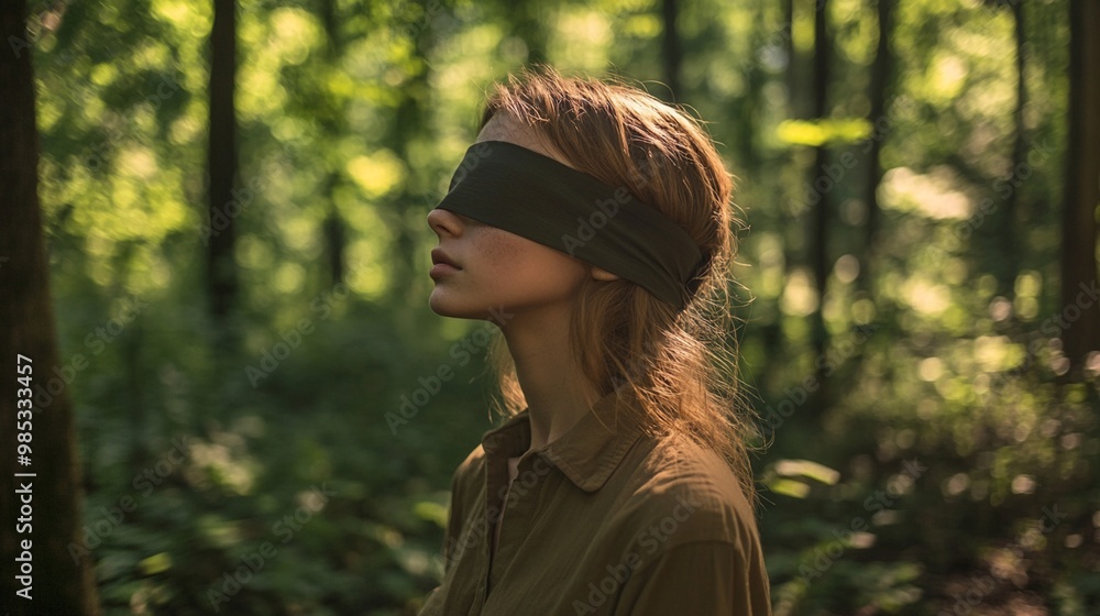 Mysterious blindfolded woman in a lush forest, her face tilted upward as sunlight filters through the trees, evoking a sense of vulnerability and connection with nature. Mysterious blindfolded woman in a lush forest, her face tilted upward as sunlight filters through the trees, evoking a sense of vulnerability and connection with nature.