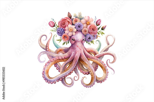 Floral Watercolor Octopus illustration of an expressive with soft. PNG clipart style, glowing in the abyss, with bioluminescent spots, isolate on white. Captures the ocean's mystery. 
