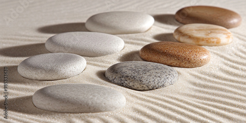 Smooth river stones arranged on sandy surface, showcasing natural textures and colors. serene composition evokes sense of calm and tranquility, perfect for minimalist decor