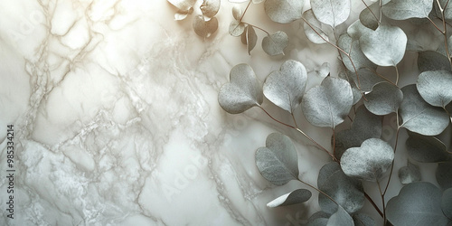 close up of silver eucalyptus leaves against marble background creates serene and elegant atmosphere. soft textures and colors evoke sense of calm and natural beauty