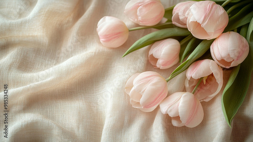Soft pale pink tulips arranged elegantly on textured fabric background create serene and delicate atmosphere. gentle hues and smooth petals evoke feelings of tranquility and beauty