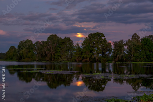 Super Harvest Moon behind clouds at Alligator Lake, Lake City, Florida