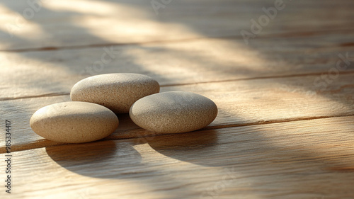 Smooth river stones are elegantly arranged on wooden surface, casting soft shadows that enhance their natural beauty. warm tones of wood complement stones, creating serene atmosphere