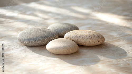 Smooth river stones in various shades resting on wooden surface create serene and calming atmosphere. natural textures and colors enhance peaceful vibe of scene