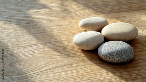 Smooth river stones are arranged on wooden surface, casting soft shadows that enhance their natural beauty. serene composition evokes sense of calm and tranquility