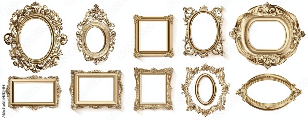 Obraz premium Nine ornate golden frames isolated on a white background.