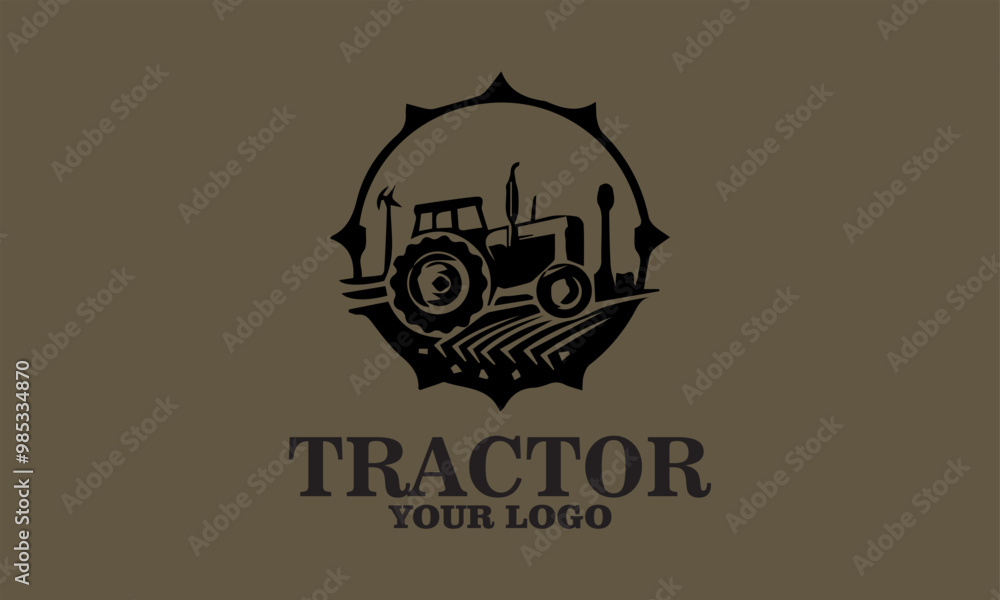 Black tractor in field at sunset with text tractor for logo use. Perfect for agricultural businesses or farmrelated branding, vektor and background Black tractor in field at sunset with text tractor for logo use. Perfect for agricultural businesses or farmrelated branding, vektor and background