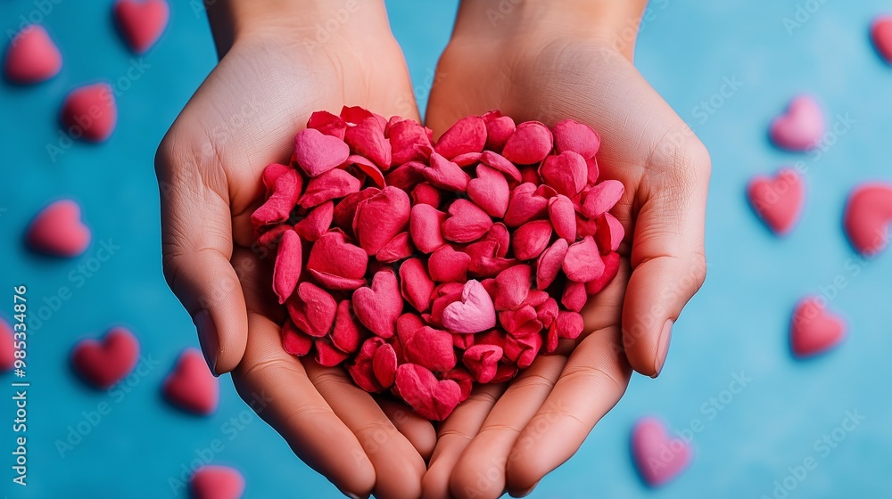 Heart-Shaped Petals in Hands on Blue Background Heart-Shaped Petals in Hands on Blue Background