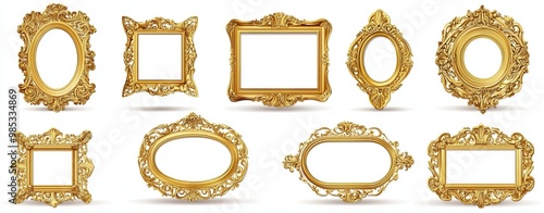 Eight ornate golden frames isolated on a white background.