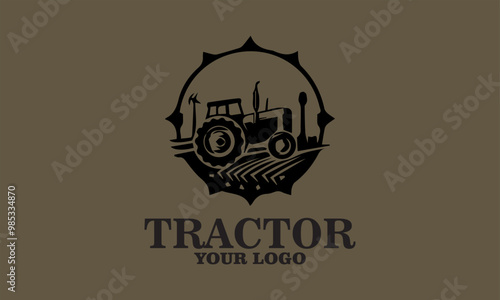 Black tractor in field at sunset with text tractor for logo use. Perfect for agricultural businesses or farmrelated branding, vektor and background photo